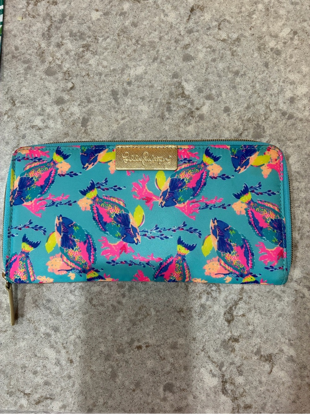 Lilly Pulitzer Teal Zip-Around Wallet with Multicolor Tropical Print